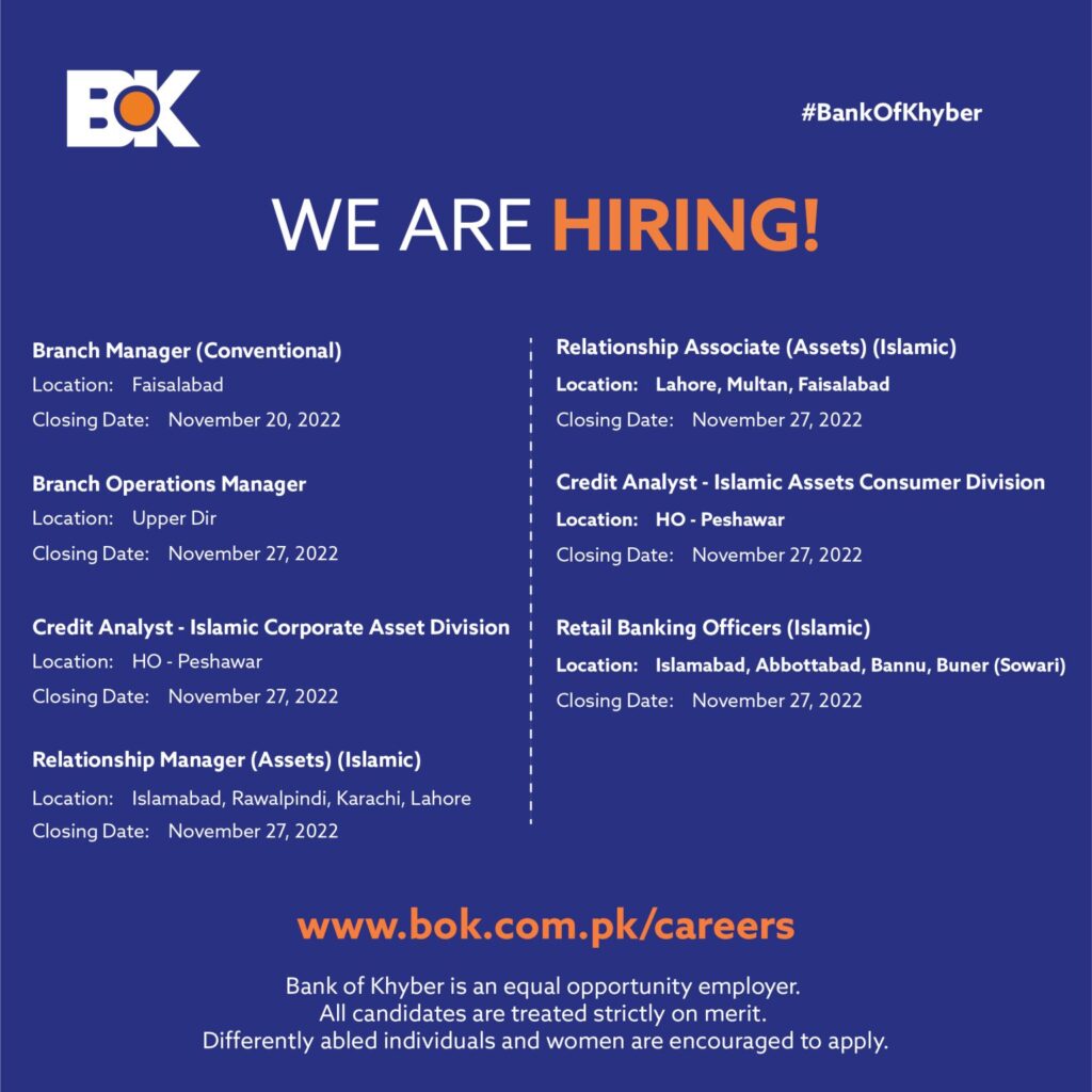 BOK Jobs 2022 -New Bank of Khyber Banking Careers in Pakistan