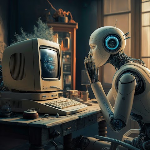 AI robot talking with an old computer