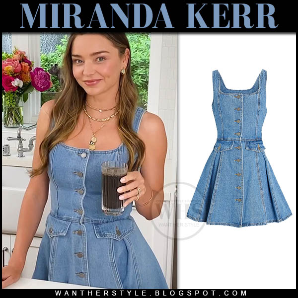 Miranda Kerr in blue denim sleeveless button mini dress