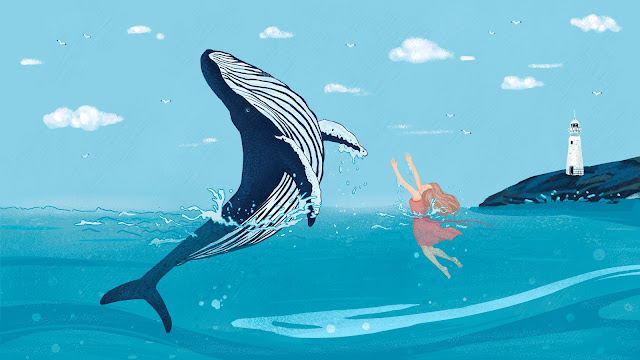 picture a whale and girl playing in the sea