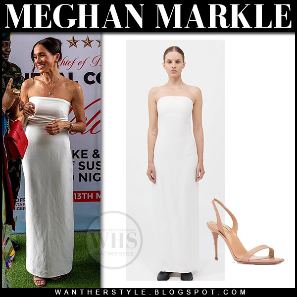 Meghan Markle in white strapless maxi dress