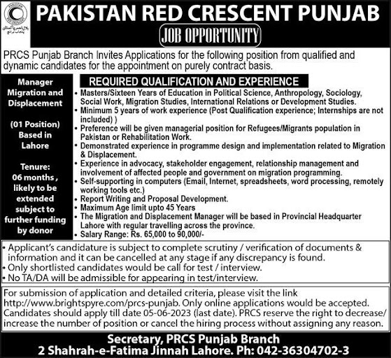 Situation Vacant At Pakistan Red Crescent Society Punjab – Government Jobs 2023