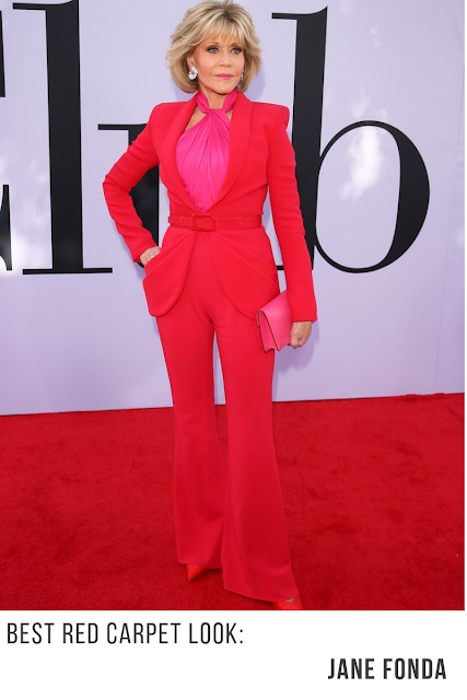 Jane Fonda dressed in red tuxedo