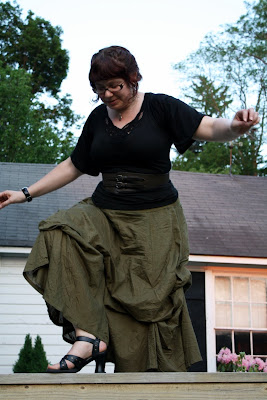 today's outfit, Battenburg lace top, olive skirt, John Fluevog shoes