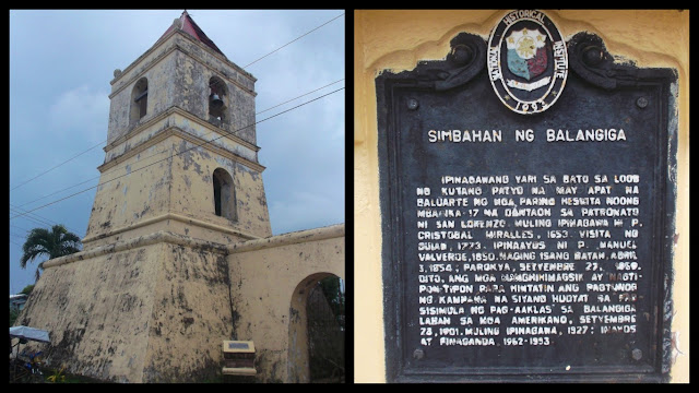 collage of the bell tower and historical marker of Balangiga Church