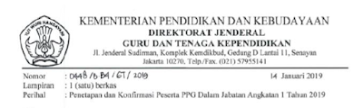 Surat Edaran Penetapan dan Konfirmasi Peserta PPG Daljab Angkatan I Tahun 2019