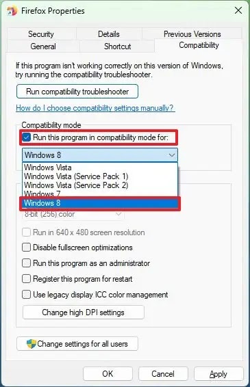 app run compatibity mode older windows