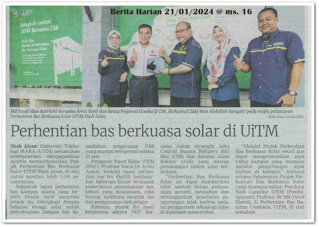 Perhentian bas berkuasa solar di UiTM | Keratan akhbar Berita Harian 21 Januari 2024