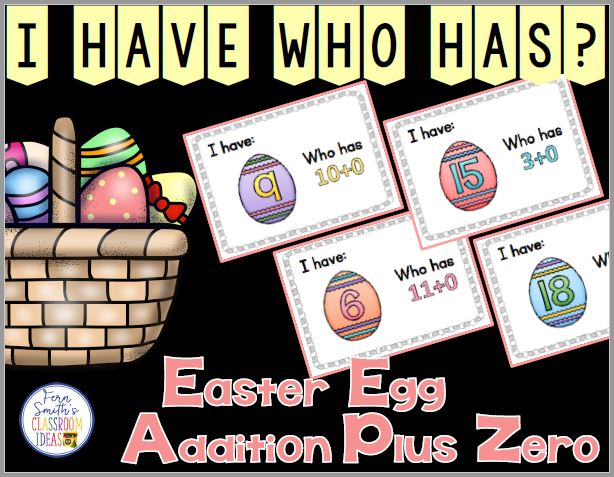 I Have, Who Has? Easter Eggs Addition Plus One Cards, Teacher Directions and a Teacher Answer Key. This I Have, Who Has? Resource Includes:  1 Teacher Direction Sheet  1 Teacher Answer Key  20 Cards with Cute Easter Egg Numbers Clipart and Addition Plus 0 Facts (1-20) with Easter Egg Themed  Numbers in Mixed Order  Terrific for an Emergency Substitute Tub, Folder or Binder! at Fern Smith's Classroom Ideas TeacherspayTeachers Store.