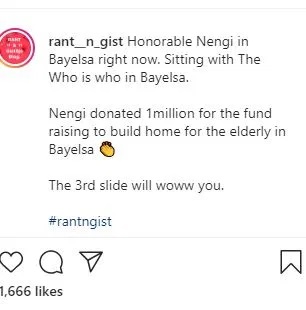 BB Naija Star, Nengi Donates ₦1 Million To The Elderly In Bayelsa State