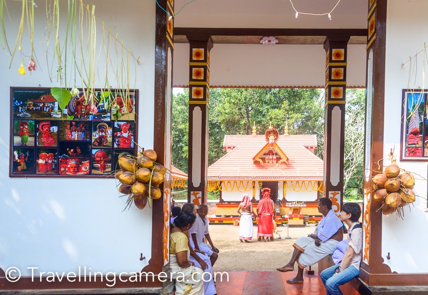 Above photograph shows the entry gate of a local temple where Theyyam is celebrated every year. Most of the decoration around the temple is done with natural things like bunch of coconuts, Areca nuts, leaves, flowers etc.  The temples, or kavus, where these Theyyams perform usually do not have idols. The only worship that happens here is when Theyyams come and perform and at that time it is believed that the gods themselves have come to the courtyard and are performing a worship there. This is the only time that one can seek blessings in this temple. The worship ceases as soon as the Theyyams leave and resume when they return.