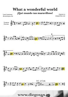 Partitura de What a Wonderful World para Trompeta y Fliscorno Louis Armstrong ¡Qué mundo tan maravilloso! Sheet Music Trumpet and Flugelhorn What a Wonderful World Music Score 