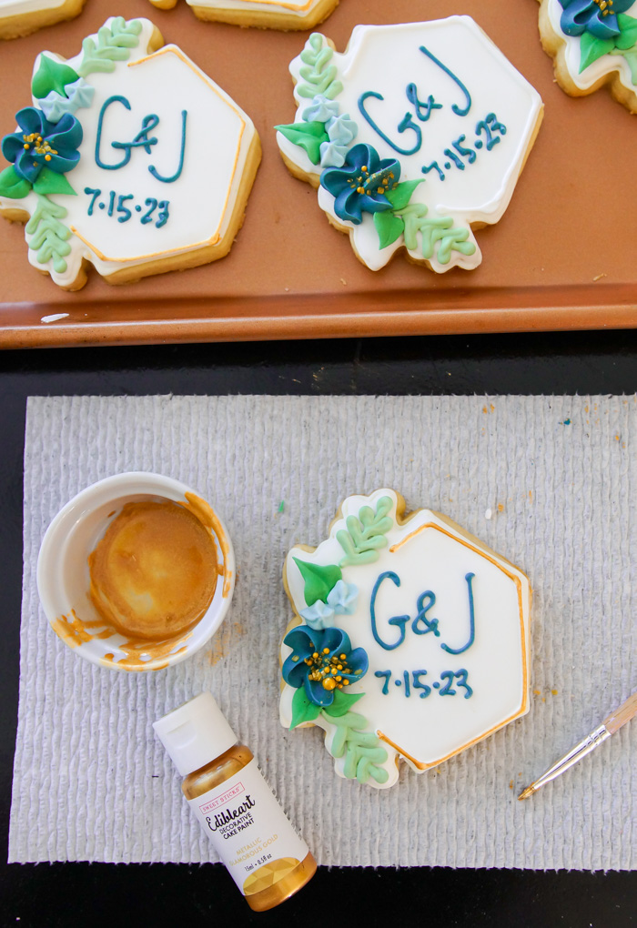 Navy and Gold Floral Monogram Wedding Cookies, adding edible gold cookie paint