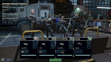 Pre-mission loadout screen, standing in a line is the sqaud assigned to the mission. The first from the left is the section hybrid Verge, the human pistoleer Blueblood, the tech expert Patchwork and the muton hybrid tank Axiom