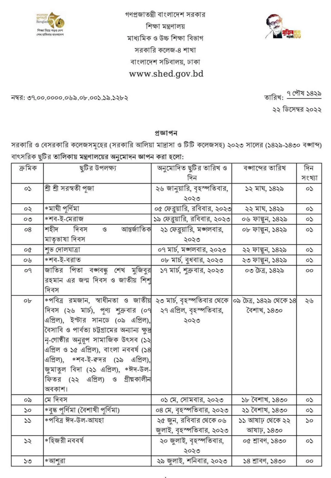 ২০২৩ সালের স্কুলের ছুটির তালিকা |সরকারি ও বেসরকারি স্কুলের ছুটির তালিকা ২০২৩ (PDF Download)