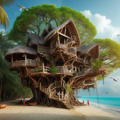 huge treehouse on beach with children walking and seagulls flying