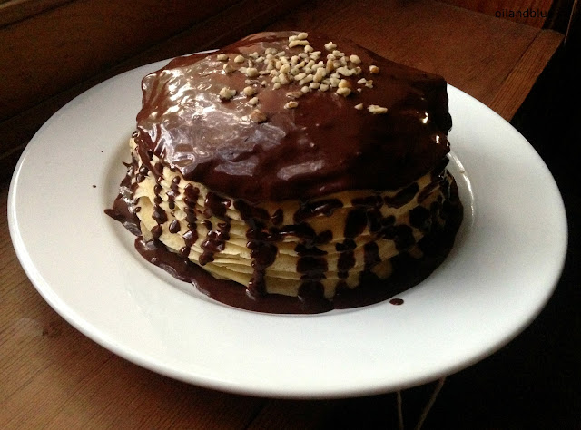   BOURBON & BLACK WALNUT BUTTERSCOTCH MILLE CREPE w/ DARK CHOCOLATE GANACHE- so pretty and fancy looking!