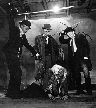 Jean Martin playing Lucky (front-centre) in the first production of Waiting for Godot in Paris, 1953.