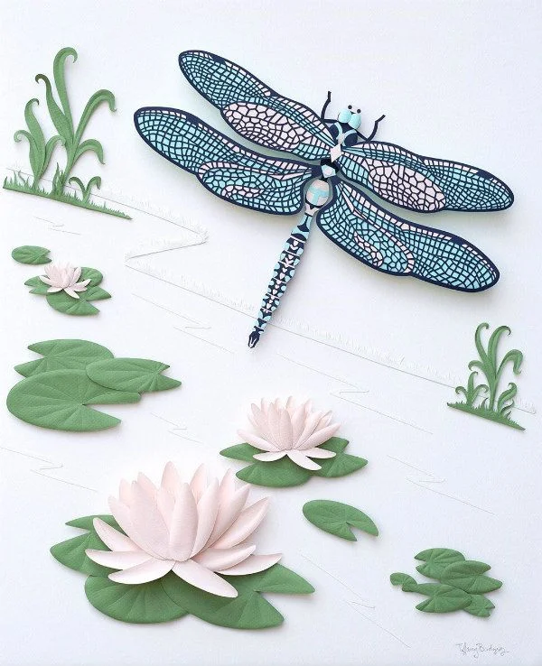 paper sculpture dragonfly and water lilies