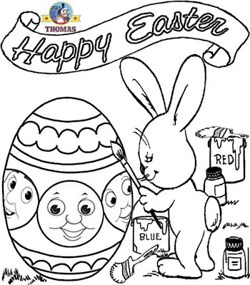 Preschool childrens Happy Easter coloring pictures of Thomas the train bunny Easter chocolates egg