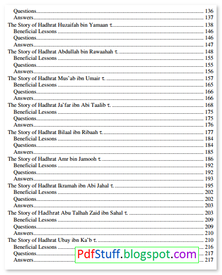 Contents of the English book Stories of the Sahaba for Children by Hamid Ahmed Tahir