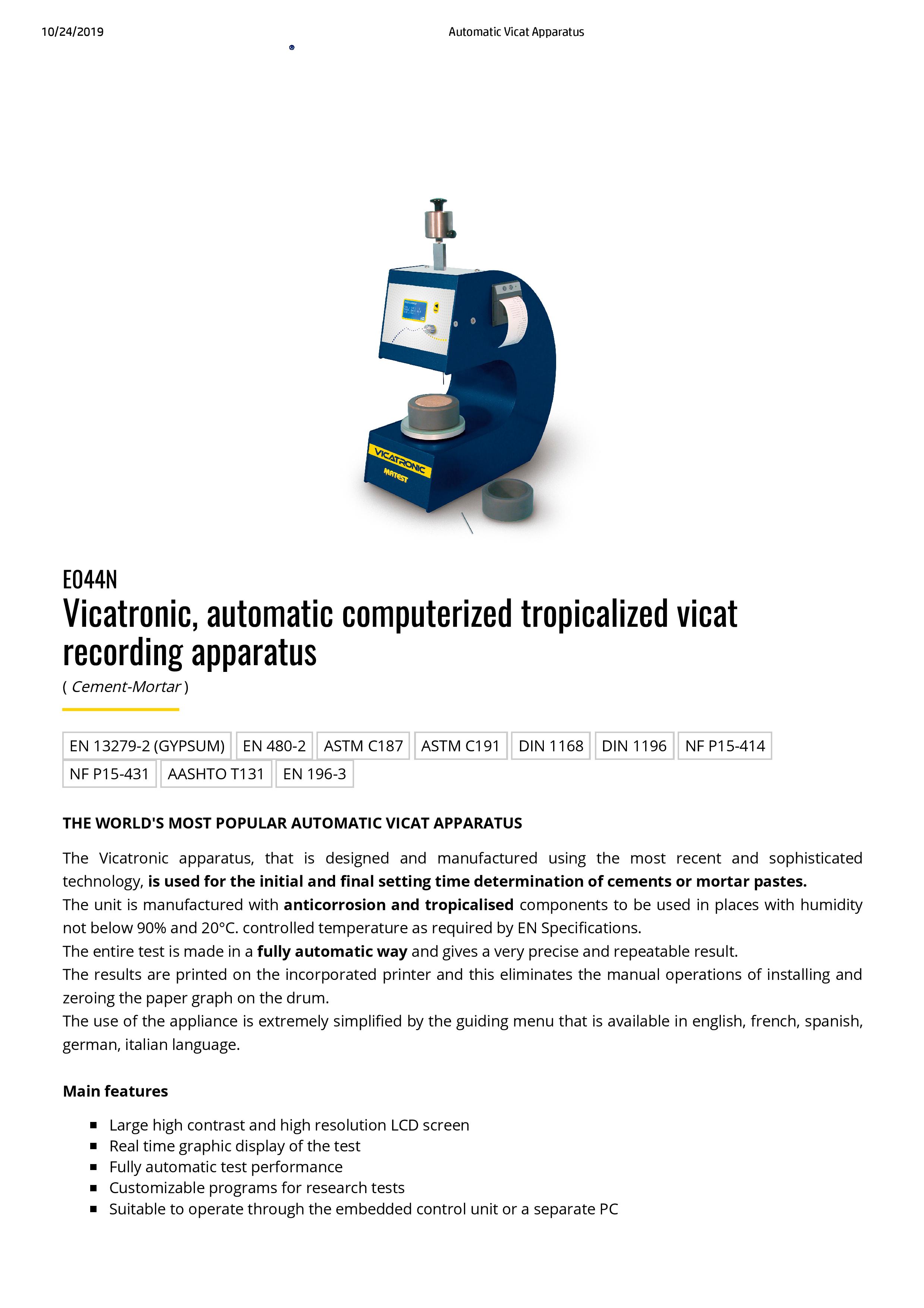 Vicatronic, Automatic vicat apparatus