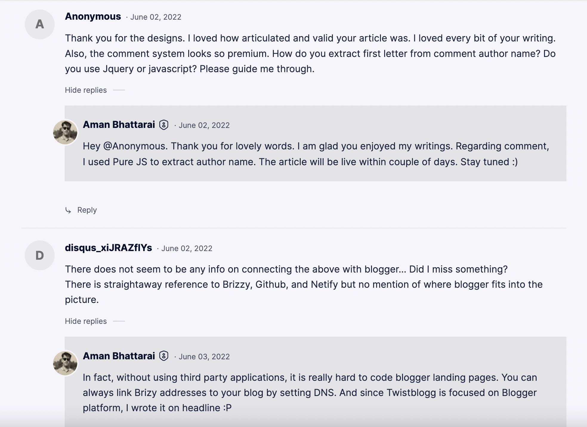 Extract First Character from Comment Author Name and use it as Avatar in Blogger