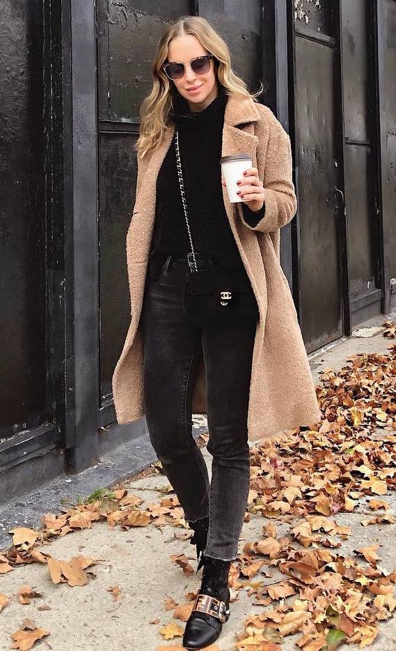 best winter outfit / beige coat + bag + jeans + boots + sweater