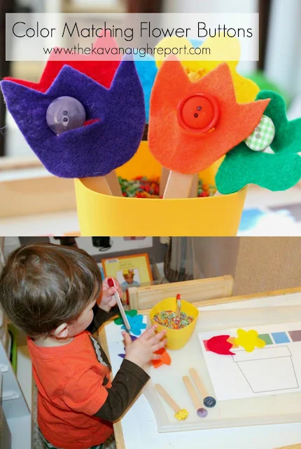 These color matching button flowers are an easy DIY for toddlers. The bright colored flowers are engaging and work on important fine motor skills. 