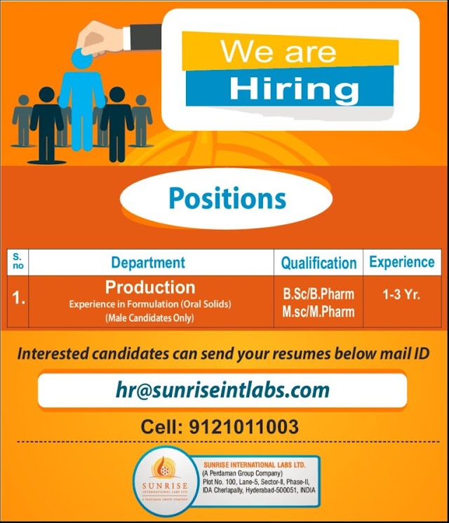 SunRise Intl labs | Hiring 1-3 years Expd in Production | Send CV