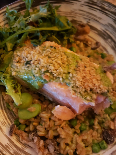 Salmon with Farro, Fava Beans, English Peas and Gremolata