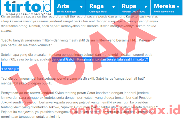 Hoax Panglima TNI Jendral Gatot Nurmantyo Setuju Makar kepada Jokowi