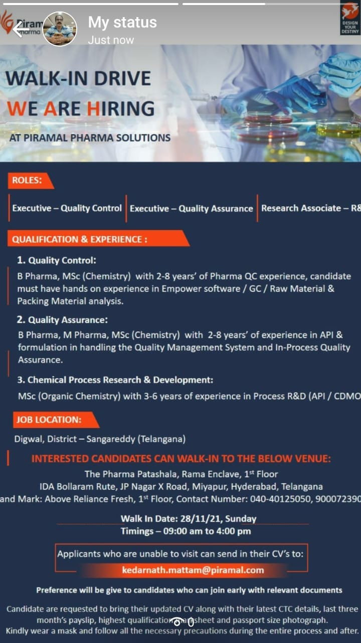 Job Availables,Piramal Pharma Walk-In-Interview For B.Pharm/ M.Pharm/ MSc( Chemistry/ Organic Chemistry)