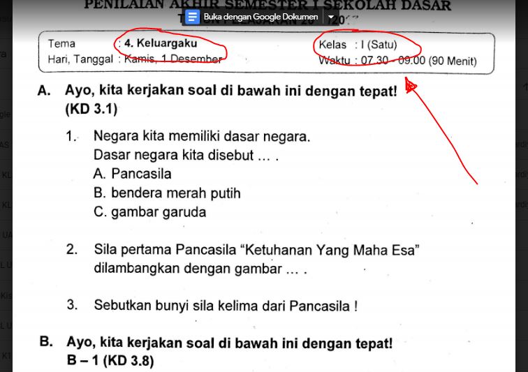 Soal Ulangan Kelas 1 Tema 4 Keluargaku K13