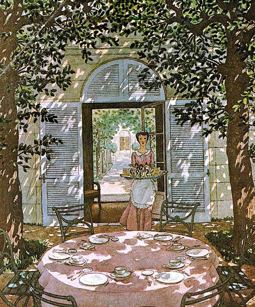 sun-dappled 1940s illustration of a maid setting tea outside