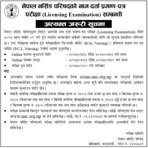 Licensing Examination Notice Nepal Nursing Council