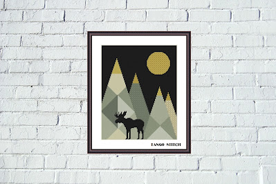 Mountains moose landscape geometric cross stitch pattern