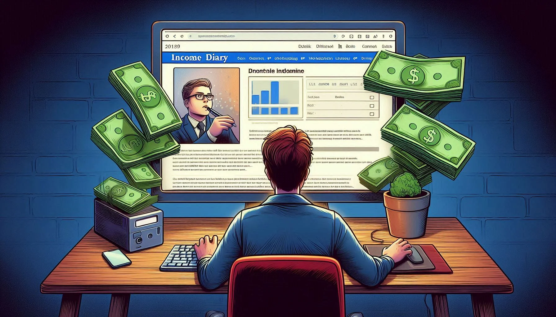 شخص يجلس خلف جهاز كمبيوتر، يكتب مقالاً، وأمامه شاشة تعرض موقع "Income Diary" وعليه أرقام دولار كبيرة.