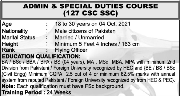 Admin and Special duties course (127 CSC SSC) in Pakistan air force