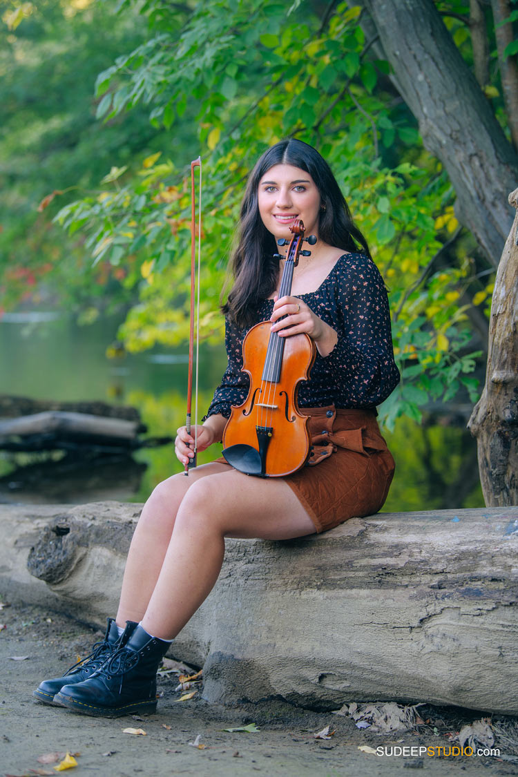 Senior Pictures for Girls in Nature with violin Music instruments by SudeepStudio.com Ann Arbor Senior Portrait Photographer