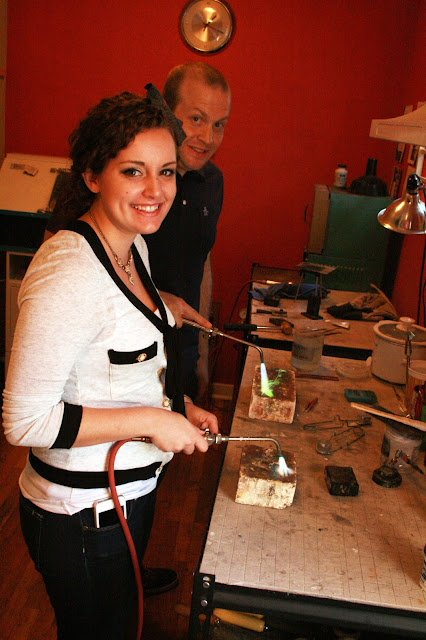 Kristen and Kevin making each others wedding bands at Harold Studio