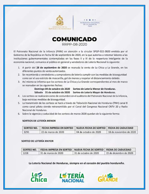 comunicado oficial de loteria nacional de honduras reinicios de sorteos