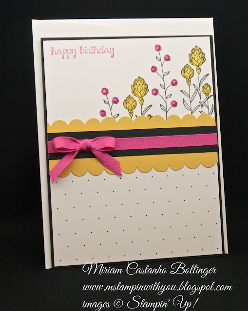 Miriam Castanho-Bollinger, #mstampinwithyou, stampin up, demonstrator, dsc, birthday card, pretty petals dsp, flowering fields, and many more stamp set, scalloped edge border punch, su