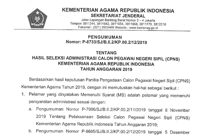 Download Lengkap Pengumuman Hasil Seleksi Administrasi Calon Pegawai Negeri Sipil (CPNS) Kementerian Agama Republik Indonesia Tahun Anggaran 2019