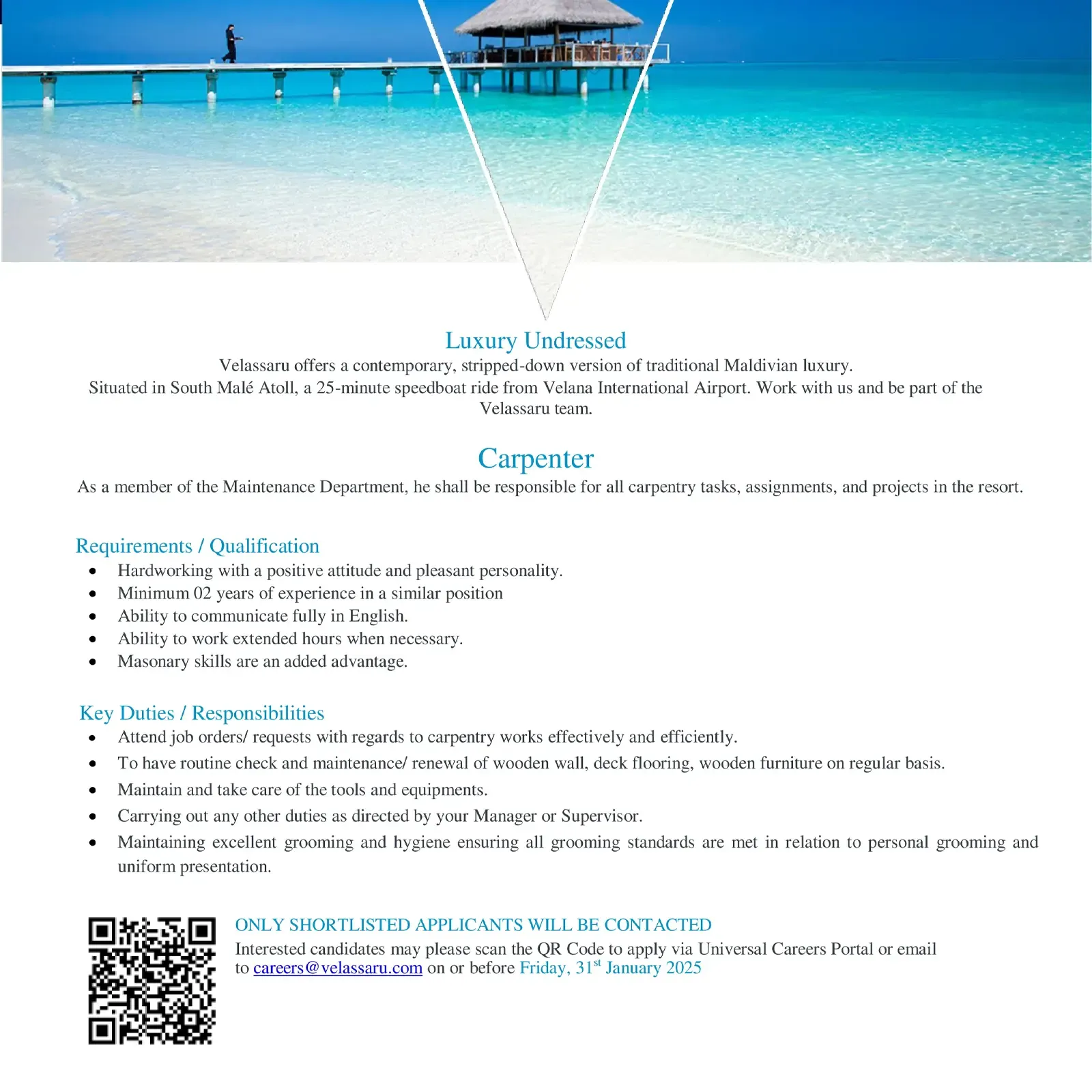 image of Carpenter Job Vacancy at Velassaru Maldives job advert