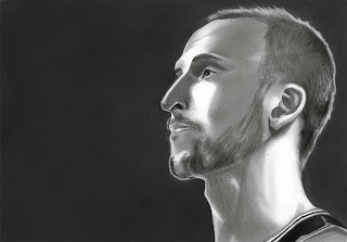 A graphite portrait sketch of San Antonio Spurs Shooting Guard Manu Ginobli
