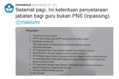 SYARAT DAN KETENTUAN PENYETARAAN JABATAN GURU BUKAN PNS (INPASSING) TERBARU