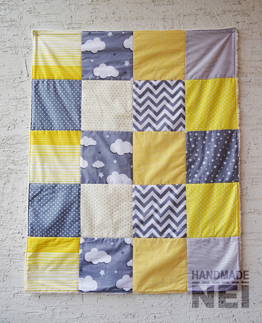 Handmade Nel: Пачуърк одеяло с полар за бебе "Сиво-жълто"