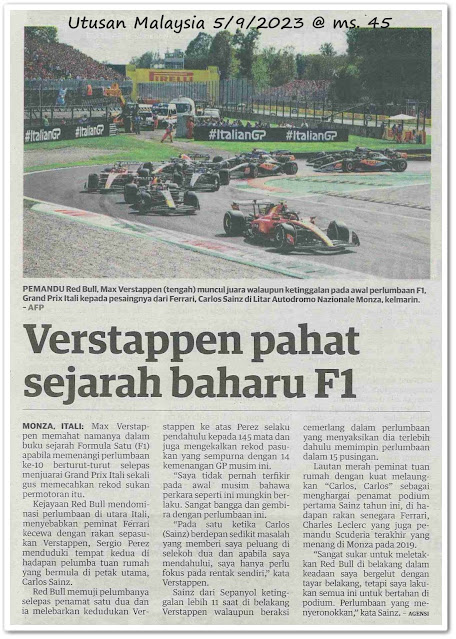 Verstappen pahat sejarah baharu F1 - Keratan akhbar Utusan Malaysia 5 September 2023