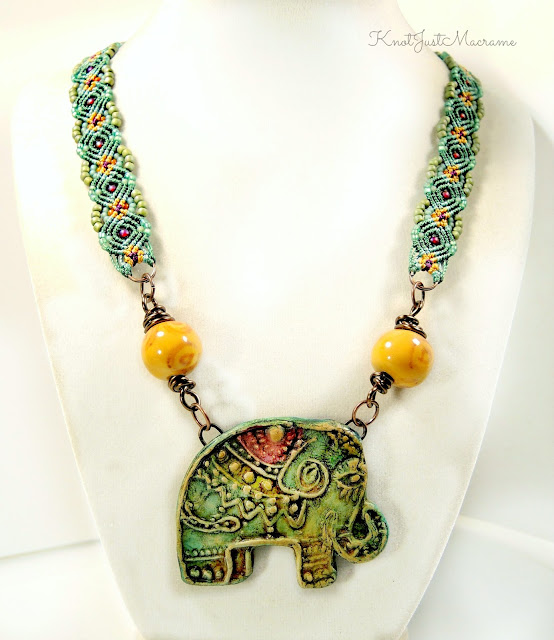Macrame neckace by Sherri Stokey with elephant pendant from Staci Louise Originals.